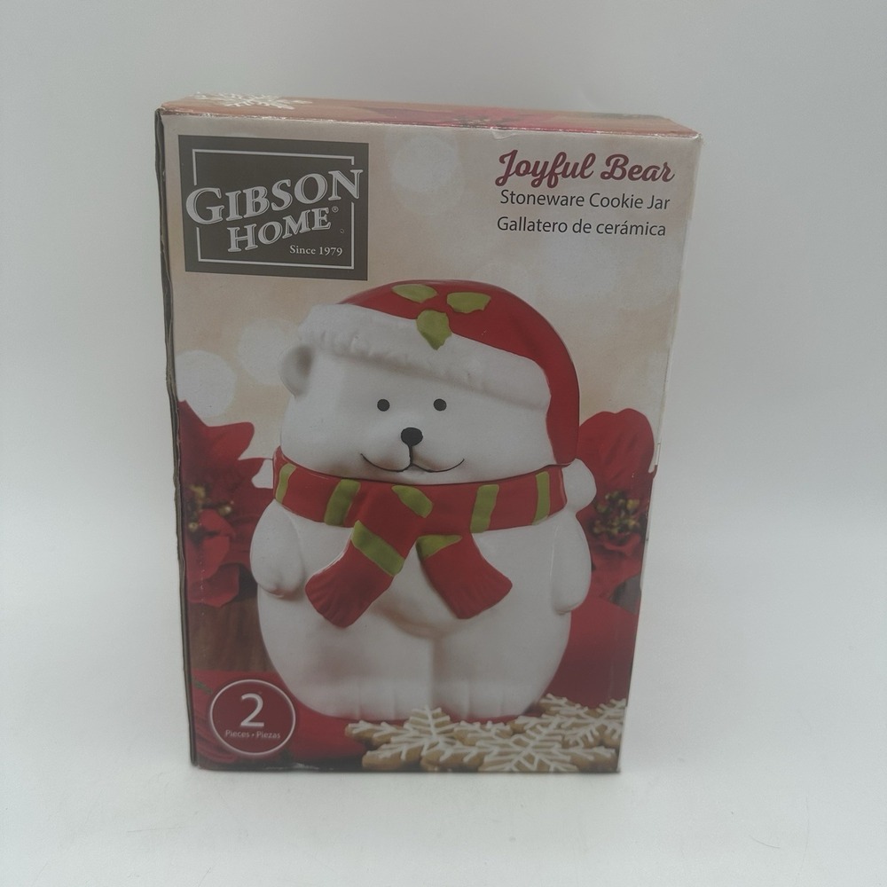 Gibson Home Joyful Bear Stoneware Christmas Holiday‎ Winter Cookie Jar 7.5"